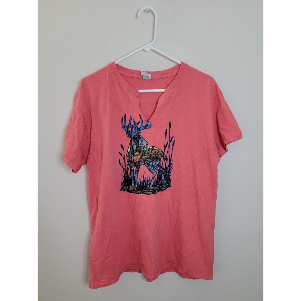 Pink Deer Forest Scene Graphic Print Raw Cut Split Neck T-Shirt Women's Size L